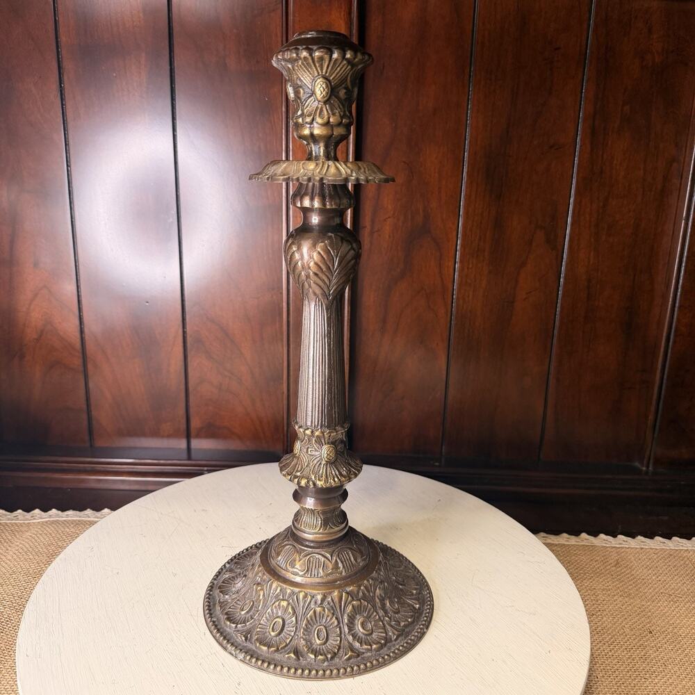 Vintage Ornate Solid Brass Bronze Floral Candle Sticks 13" Heavy Made In India